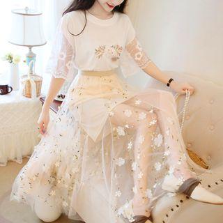 Set: Elbow-sleeve Floral Mini Dress + A-line Maxi Skirt