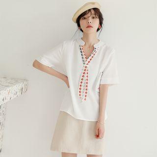 Elbow-sleeve Pattern Trim Shirt