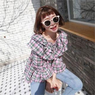Tie-neck Capelet Ruffled Plaid Top