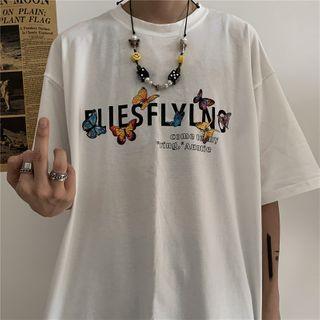 Lettering Butterfly Print Elbow-sleeve T-shirt