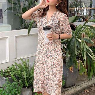 Floral Print Short-sleeve Midi Dress As Shown In Figure - One Size
