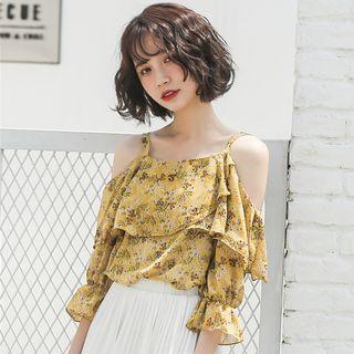 Off-shoulder Floral Print Loose-fit Frill Top