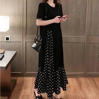 Short-sleeve Mock Two-piece Dotted Midi Dress