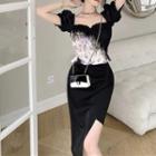 Puff-sleeve Tie-dye Blouse / Asymmetrical Side-slit Skirt