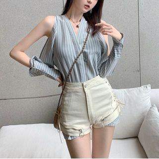 Cold-shoulder Striped Blouse / Denim Hot Pants