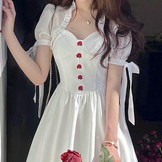 Puff-sleeve Floral Embroidered A-line Dress / Spaghetti Strap Dress