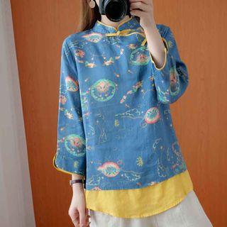 Long-sleeve Printed Cheongsam Top Dark Blue - One Size