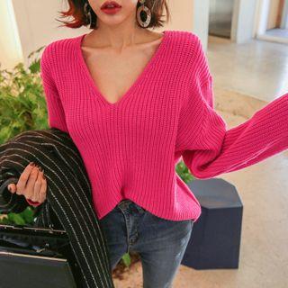 Plunge-neck Rib-knit Sweater