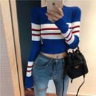 Striped Cropped Long-sleeve Knit Top Top - Blue - One Size