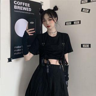 Short-sleeve Drawstring Cropped T-shirt Black - One Size