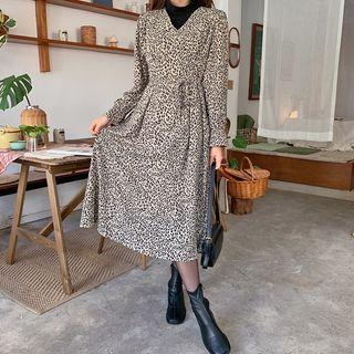 V-neck A-line Long Leopard Dress