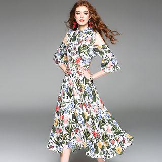 Cutout Shoulder Floral Chiffon Dress