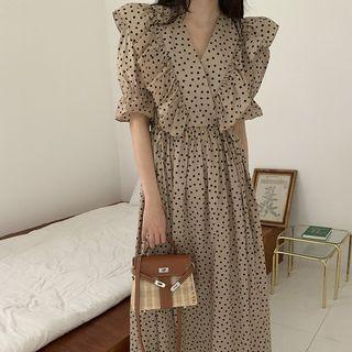 Puff-sleeve Polka Dot Ruffle Trim Chiffon Dress