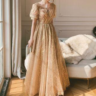 Puff-sleeve Floral Sequined A-line Evening Gown