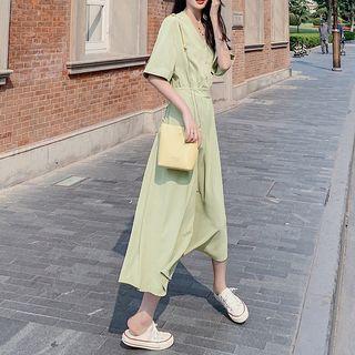 Short-sleeve Bow-back Midi A-line Dress