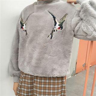 Mock-neck Embroidered Furry Pullover
