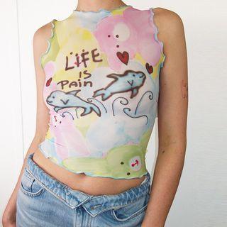 Sleeveless Cartoon Print Crop Top
