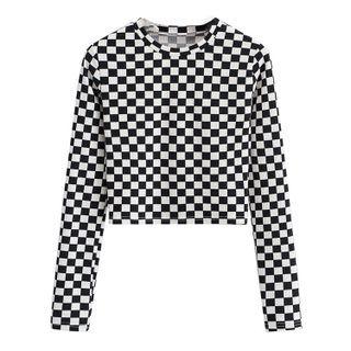 Long-sleeve Checkerboard Crop Top
