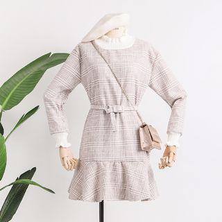 Ruffled-trim Plaid A-line Dress