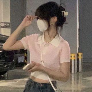 Short Sleeve Polo Neck Print Crop T-shirt Pink - One Size