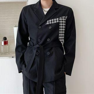 Double Breasted Plaid Panel Jacket