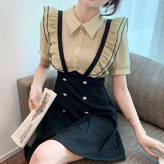Short-sleeve Mock Two-piece Ruffled Mini A-line Dress