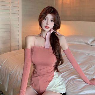 Set: Asymmetric Lace Trim Camisole Top + Arm Sleeves