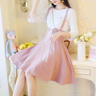 Set: Crew-neck 3/4-sleeve Knit Top + Plaid A-line Suspender Dress