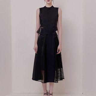 Set: Sleeveless Mesh Panel Top + Midi A-line Skirt