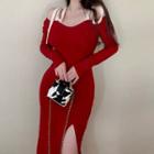 Long-sleeve Cold Shoulder Bow Slit Midi Sheath Dress