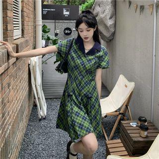 Short-sleeve Plaid Mini A-line Dress Plaid - Green - One Size