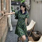 Short-sleeve Plaid Mini A-line Dress Plaid - Green - One Size