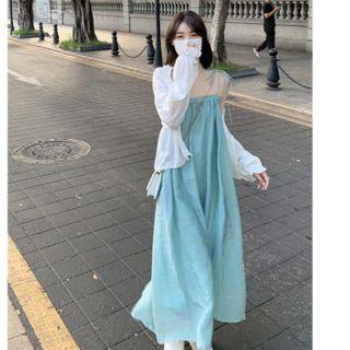 Spaghetti-strap Plain Midi Sundress / Light Jacket