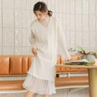 Set: Dotted Long-sleeve Midi Mesh Dress + Sleeveless Knit Dress