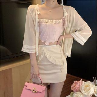 Lace Trim Camisole Top / Mesh Jacket / Ruffled Mini Pencil Skirt