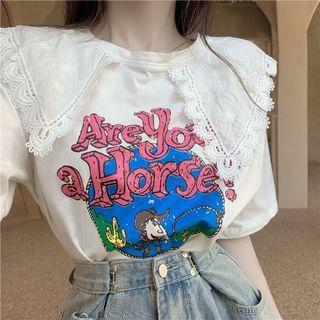 Short-sleeve Lace Collar Graphic Print T-shirt