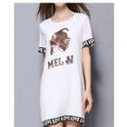 Lettering Trim Cat Print Short Sleeve T-shirt Dress