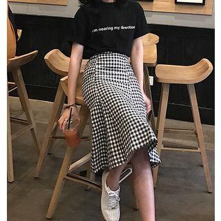 Set: Short-sleeve Lettering T-shirt + Plaid A-line Midi Skirt
