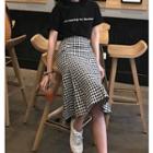 Set: Short-sleeve Lettering T-shirt + Plaid A-line Midi Skirt