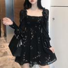 Long-sleeve Floral A-line Mini Dress Black - One Size