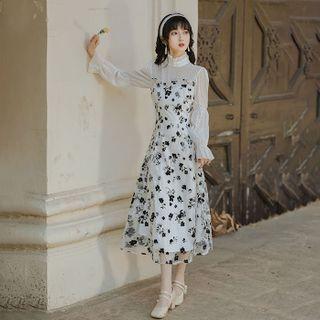 Long-sleeve Floral Print Mesh Mock-neck Midi A-line Dress
