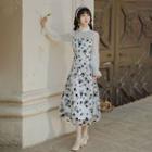 Long-sleeve Floral Print Mesh Mock-neck Midi A-line Dress