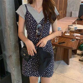 Spaghetti-strap Floral Mini A-line Dress Dress - Floral - Black & White - One Size