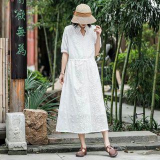 Short-sleeve Embroidered Midi Dress White - One Size