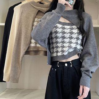 Sleeveless Houndstooth Knit Top / Long-sleeve Shrug