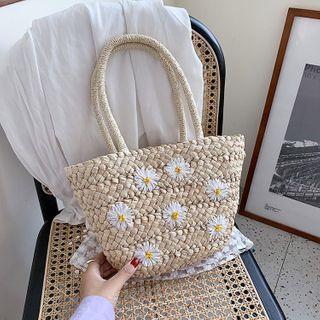 Embroidered Woven Tote Bag White - One Size