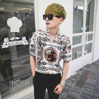 Printed Short Sleeve Split Neck Shirt