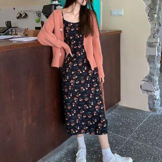 V-neck Plain Knit Cardigan / Sleeveless Floral Print Dress
