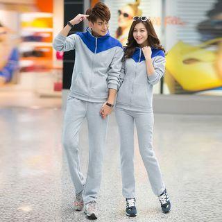 Set: Color-block Hooded Zip Couple Matching Jacket + Sweatpants