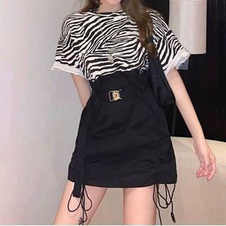 Set: Short Sleeve Zebra Print Top + A-line Skirt